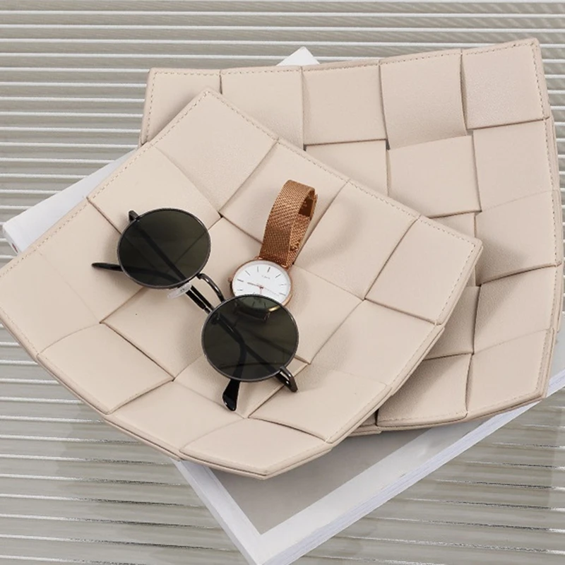 Advanced Sense Woven Leather Tray Porch Key Tray Desktop Remote Control Lipstick Cosmetics Storage Box A Blue+Milk White