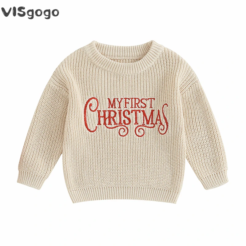 

VISgogo Baby Girls Christmas Knit Sweater Fall Clothes Long Sleeve Letter Embroidery Pullover Knitwear Xmas Warm Clothes