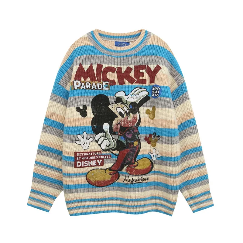 Disney Mickey Striped Round Neck Sweaters For Men And Women Autumn Winter New Loose Casual Knit Pullover Couple Soft Trend Top