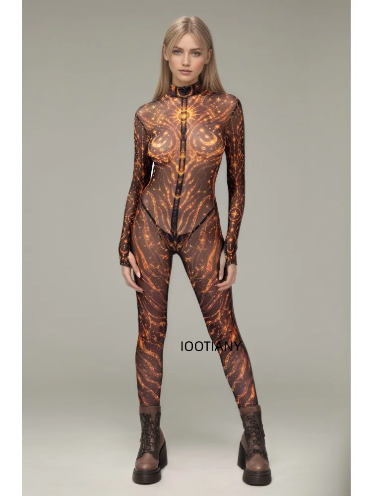 Gotischer, mehrfarbiger, eng anliegender Bodysuit mit goldenen Musterlinien, Galaxy-Blumenmuster, Cosplay-Catsuit, Halloween-Rollenspiel, Bühnen-Rave-Outfit, Jumpsuit 2026 – Detail 17