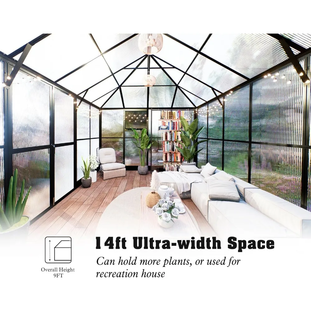 Polycarbonate Greenhouse with 2 Vents and Double Swing Doors,Walk-in Large Winter Greenhouse Sunroom Aluminum GreenhouseOutdoors