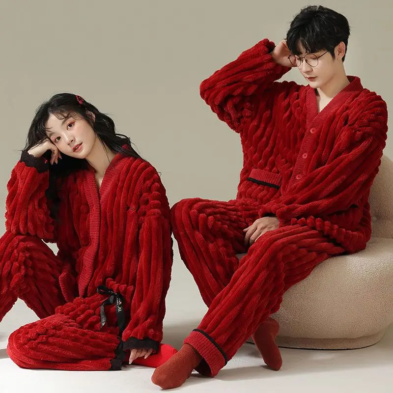 2023 New Coral Velvet Couple Pajamas Newlywed Women Men Autumn Winter Loungewear Plush Red Wedding Plush Thickening Set Homewear