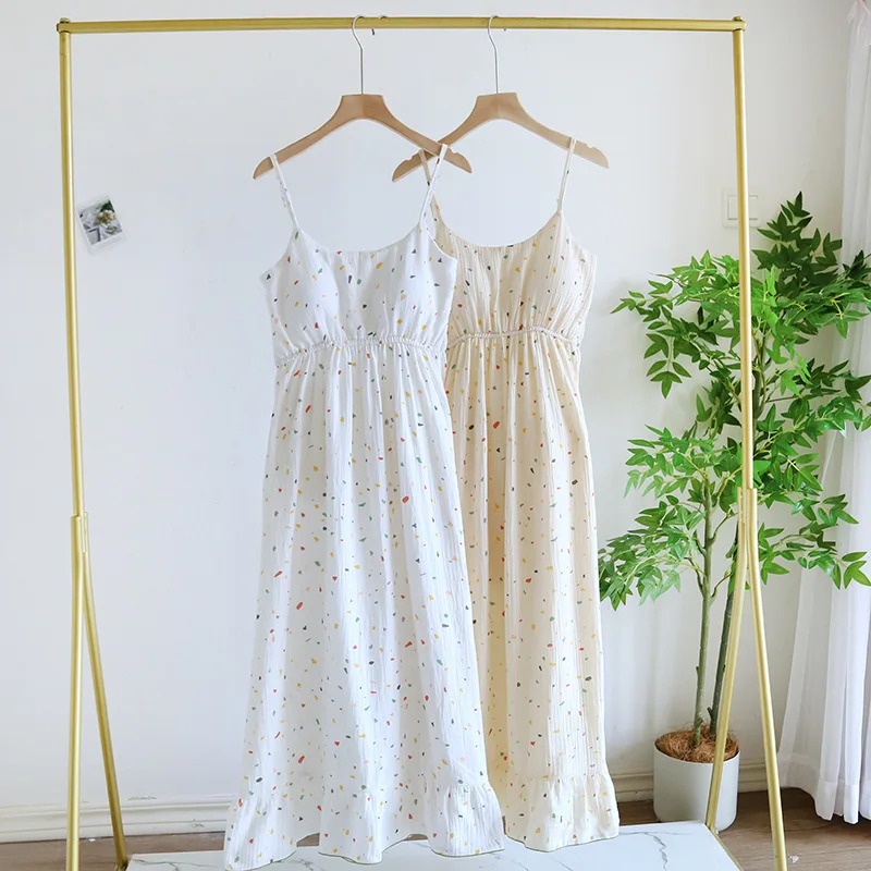 Long Style Sling Nightdress with Colorful Dots Printed Cotton Chest Breast Pad Nightgown Women's Summer Thin Night Gown