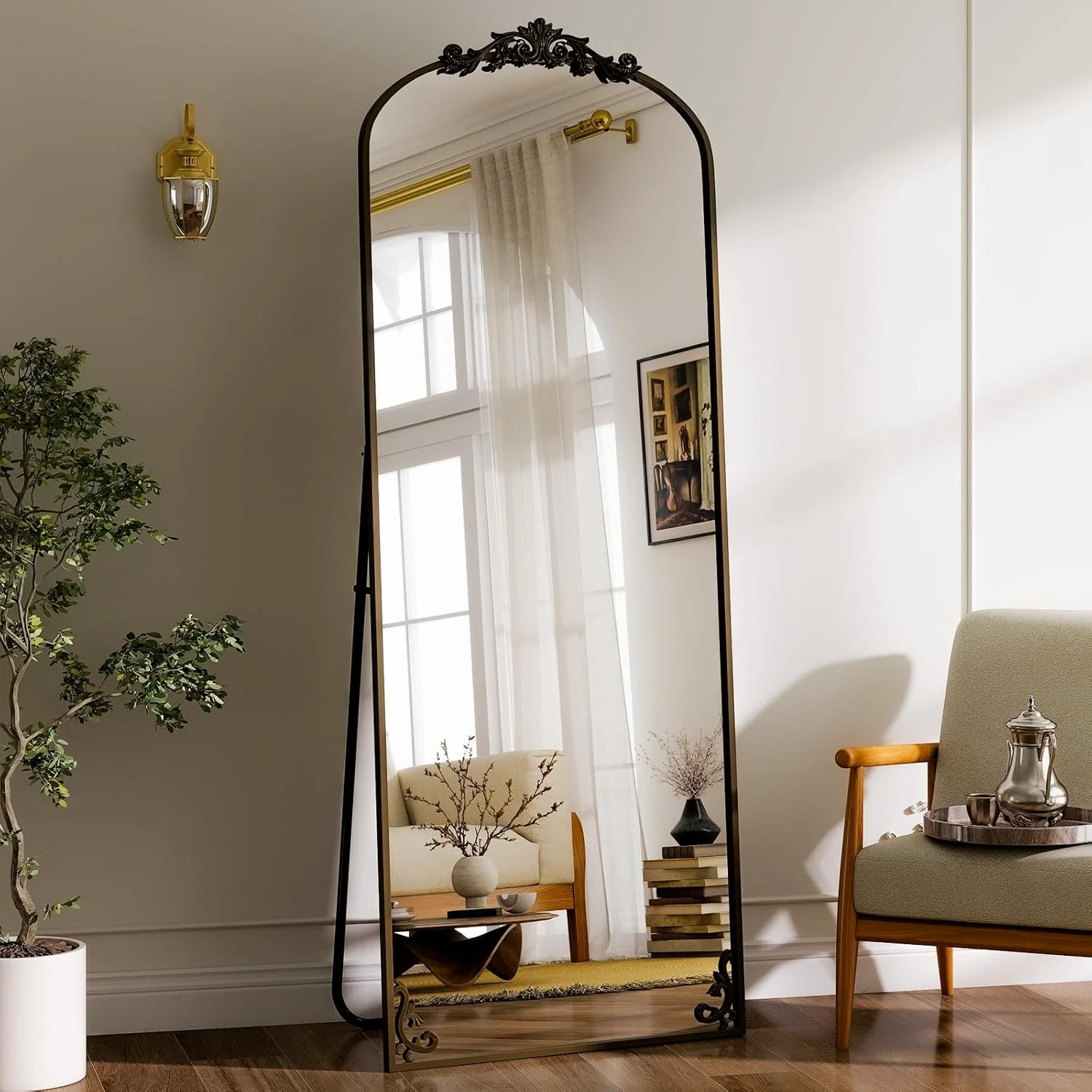 

Vintage Full Length Mirror with Carved Arched Frame for Bedroom Living Room Entryway - Baroque Floor Mirror