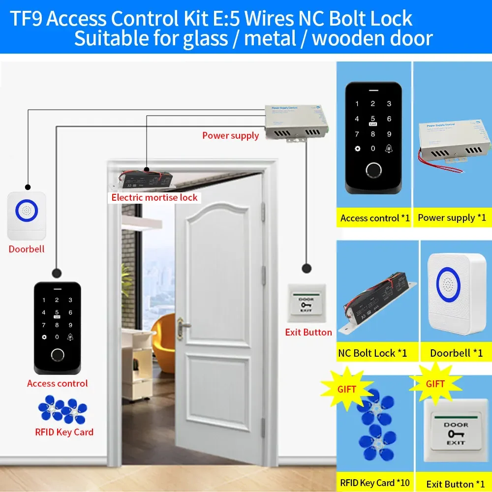 TF9 IP65 Waterproof NFC Fingerprint Tuya App Access Control Kit Set Keyboard/RFID IC Card/Magnetic Door Lock/12V Power Supply