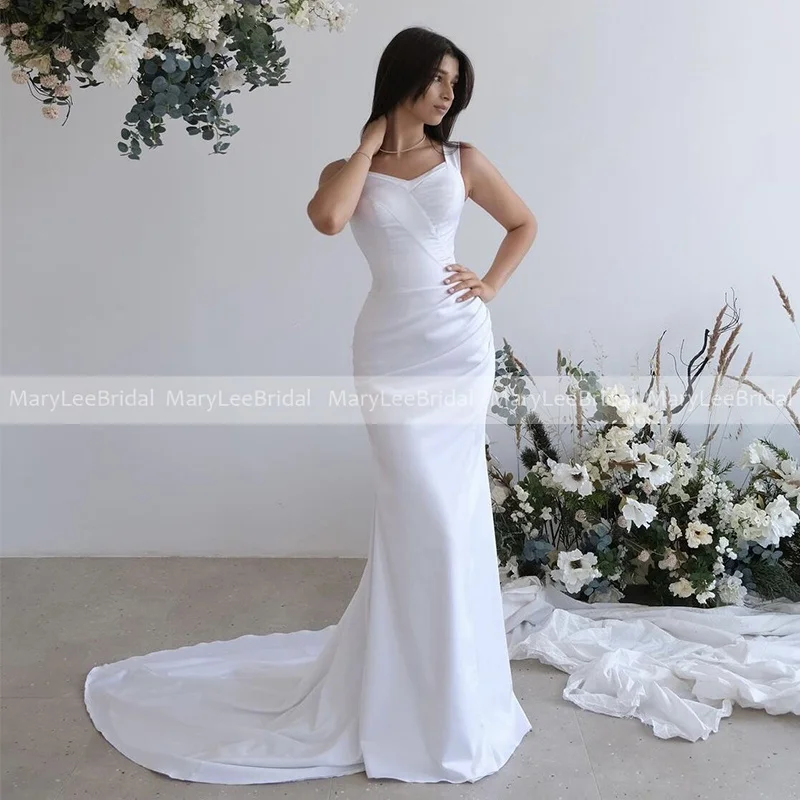 

White Mermaid Wedding Dress with Straps Women Simple vestidos de novia Ruched Satin Long Train Bridal Gown for Outdoor Wedding