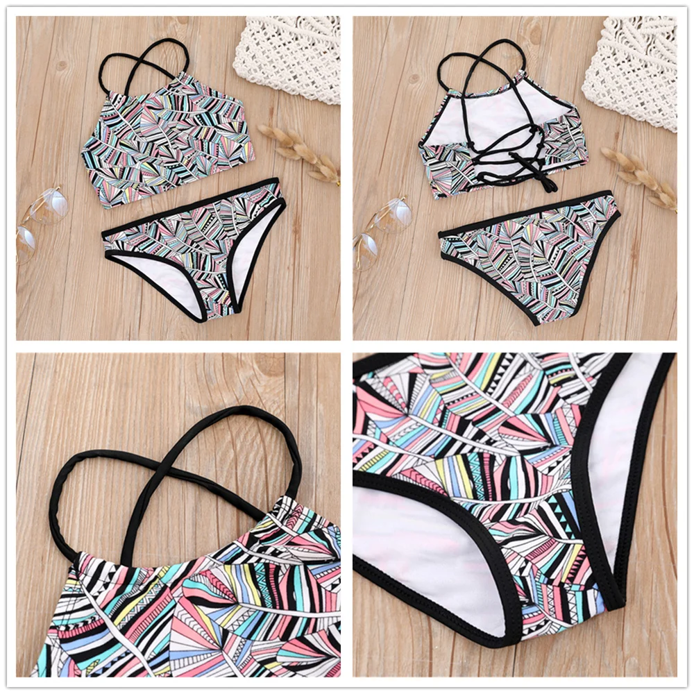 7-14 Years 2024 Print Falbala Girls Kids Swimwear Swimsuit Summer Children Biquini Infantil Bathing Suit Kids Girls Bikini Set