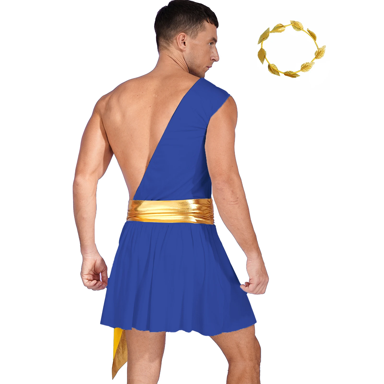 Men Ancient Greek Halloween Cosplay Costume One Shoulder Metallic Ruffle Gladiator Costumes Headwear for Medieval Warrior Outfit