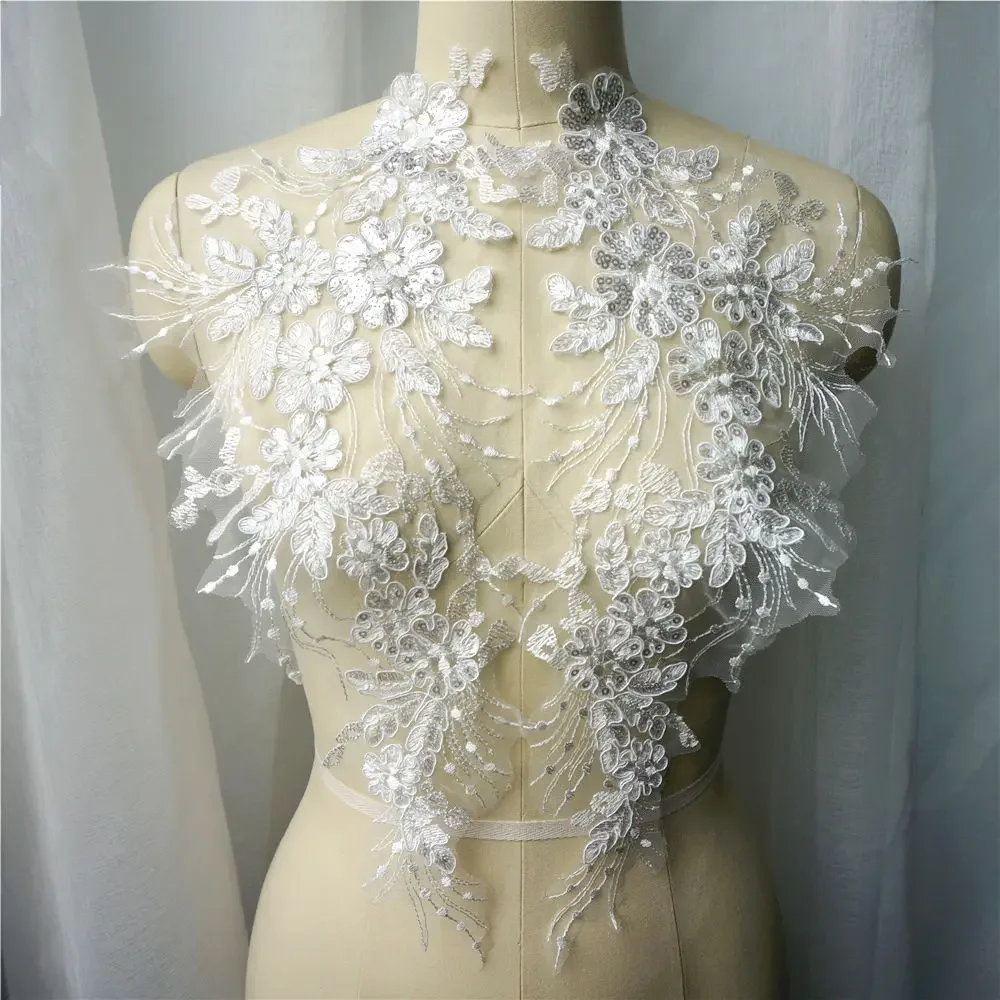 

2PCS White Sequin Flower Tassel Wedding Gown Appliques Lace Fabric Embroidered Trims Collar Mesh Sew Patch For Dress DIY Decor