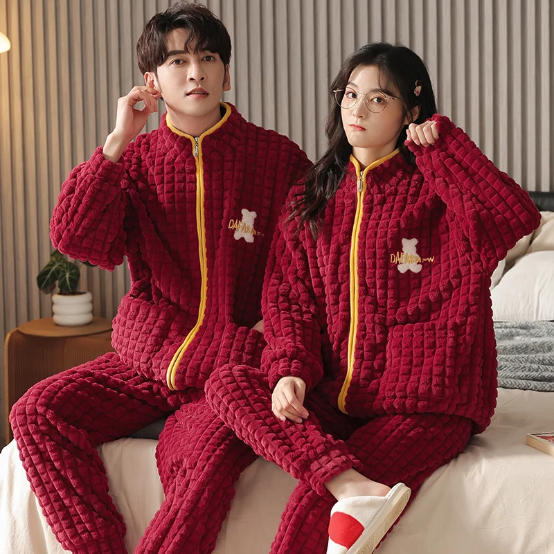 Couple Pajamas Set Red Flannel Sleepwear Women Men Warm Fleece Pijama Winter Lovers Kimono Home Clothes