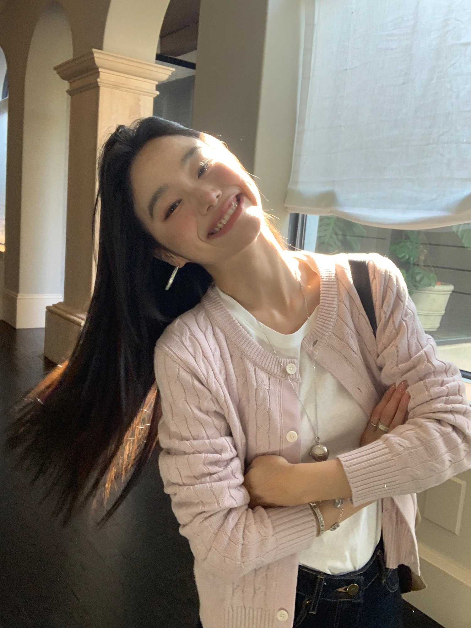 

Pusumede Autumn Lace Knitted Sweater Cardigan Women's Classic Twist Design Cotton Polyester Blend Long Sve round Ne Top