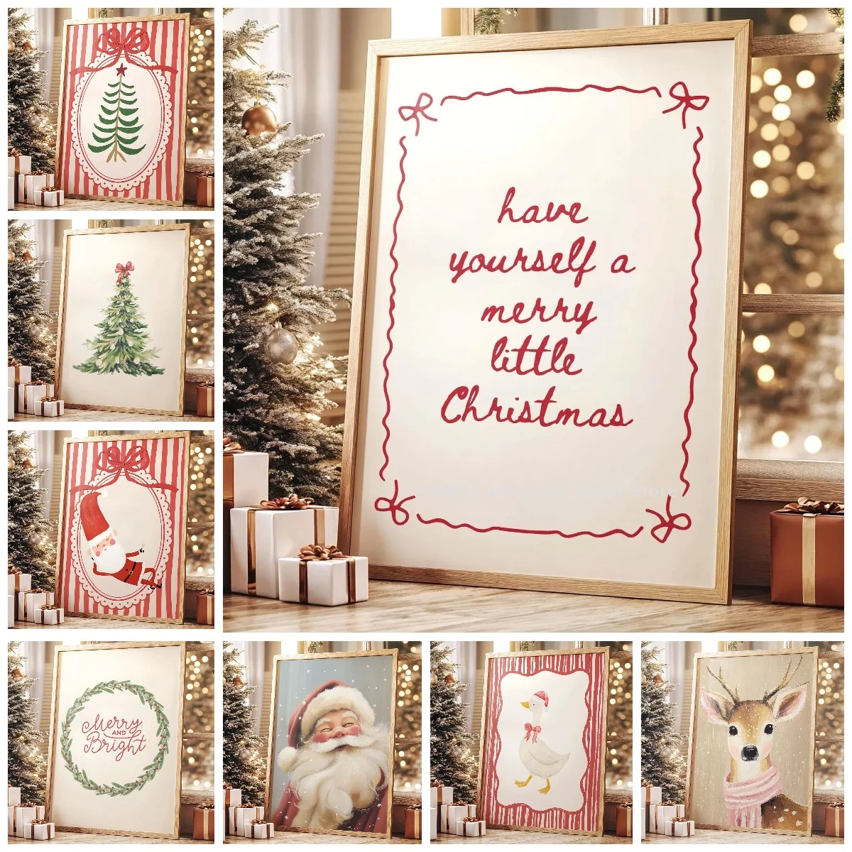 Merry Christmas Striped Quotes Canvas Print Retro Santa Claus & Christmas Tree Wall Art Posters for Modern Christmas Home Decor