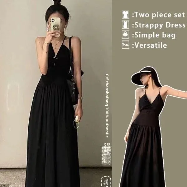 2023 New Summer Vacation Style French Blacktankopen-back Dress Alien Dress Hebon Style Dresses For Women