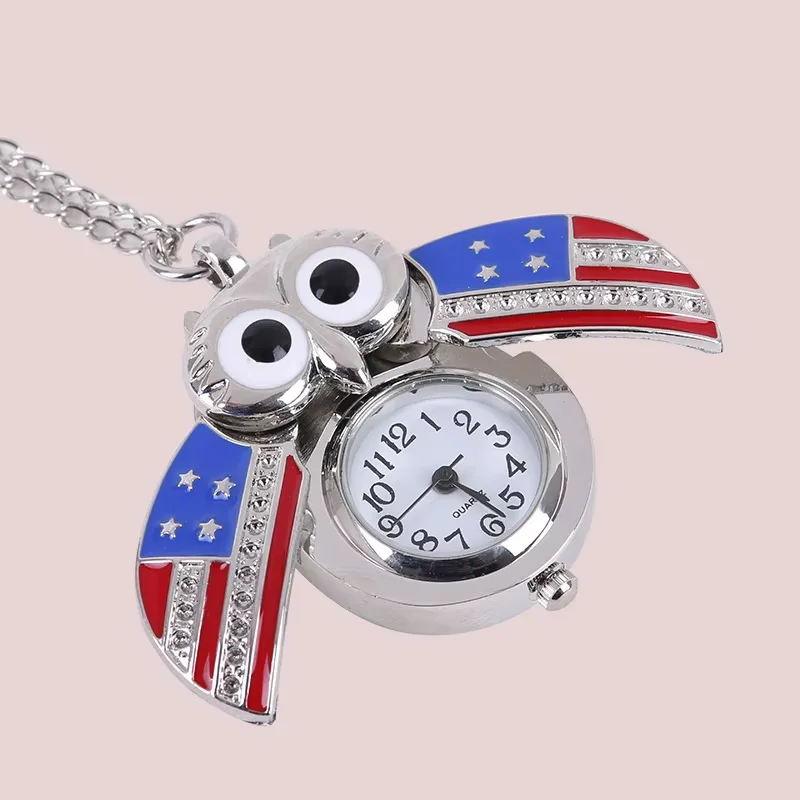 6018American flag silver big eyes cute owl small pocket watch wings can open and close small pocket watch