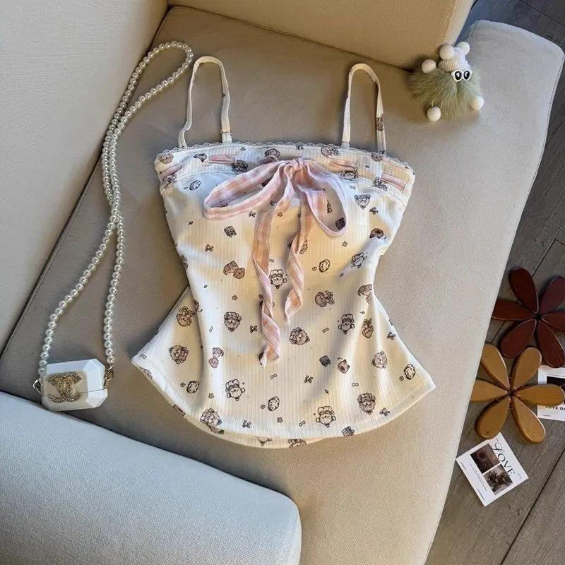 Women Summer Sweet Cartoon Print Cami Top with Built-in Bra & Drawstring Shorts Set Bow Decor Beach Y2K Loungewear Pajama Outfit