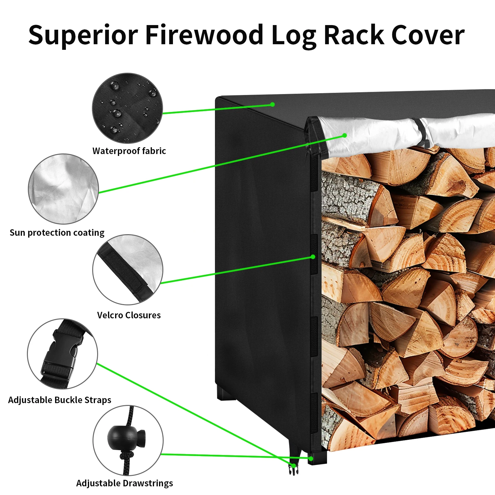 Log Rack Cover Outdoor Waterproof Wind/Snow proof Firewood Covers Log Storage Covering for Patio Garden Backyard Oxford Fabric