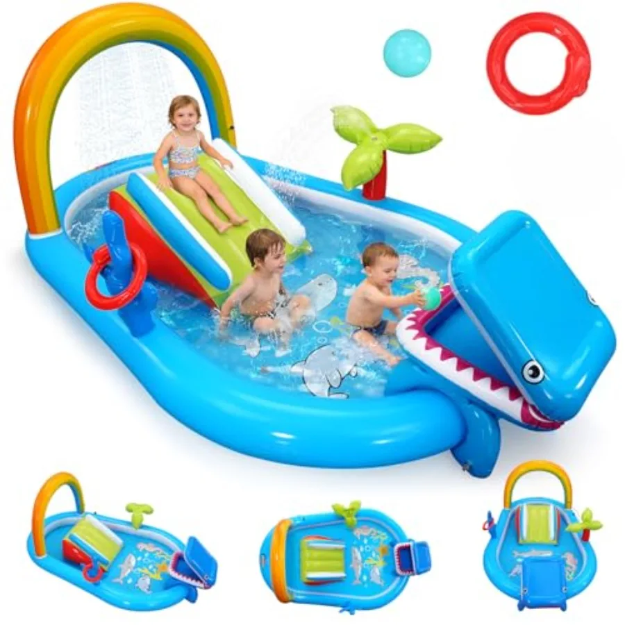 Centro de Juegos Inflable para Interiores y Exteriores de 98 × 64 × 39 Pulgadas, Piscina Infantil con Tobogán, Rociador de Agua, Cascada y Pelotas Oceánicas Multicolores