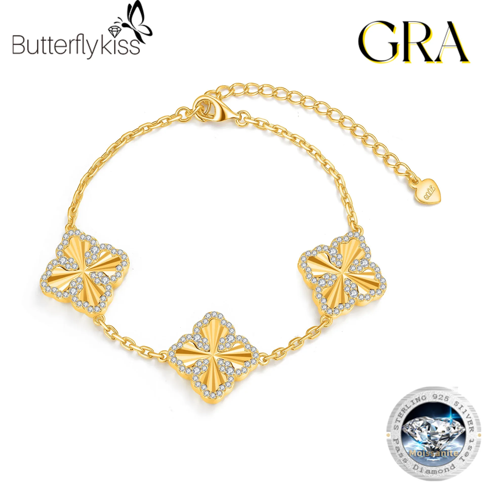 

Браслет Butterflykiss Lucky Four-Leaf из стерлингового серебра 925 пробы с позолотой 18K и инкрустацией муассанитом, легкий люкс, высококачественный, регулируемый