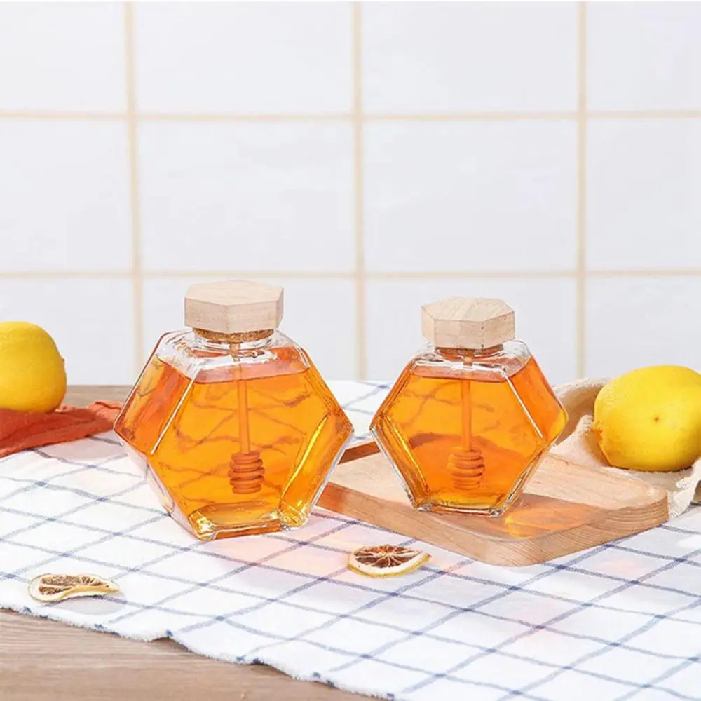 Hexagon Glass Honey Jar Honey Pot with Wooden Dipper Transparent Storage Container Pocket Small Handmade Jam Can