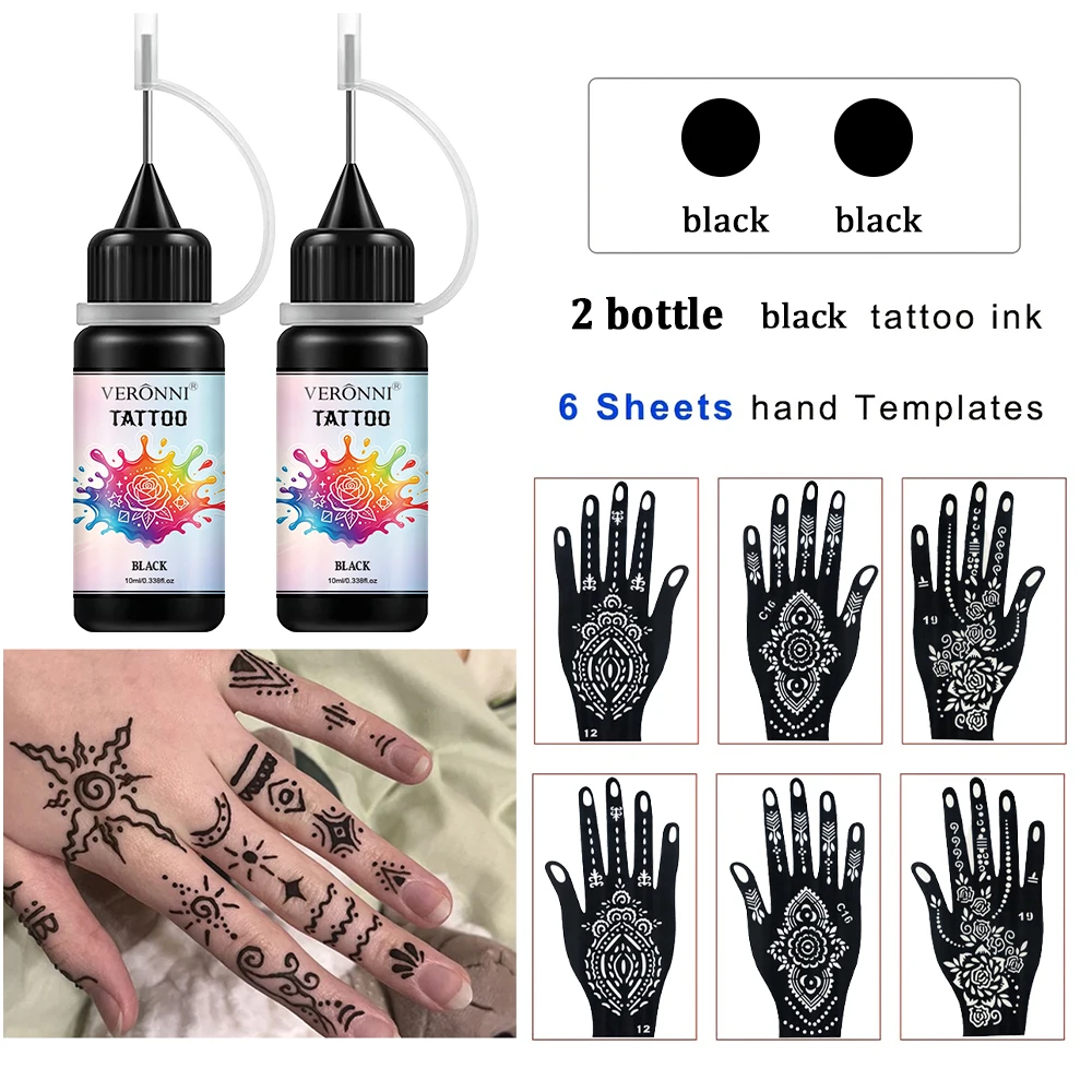 2pcs Temporary Tattoo Inks with 6 Sheets Stencils Kit,Freehand Painting Gel for Makeup Trend Party Tattoos Facial Painting Body