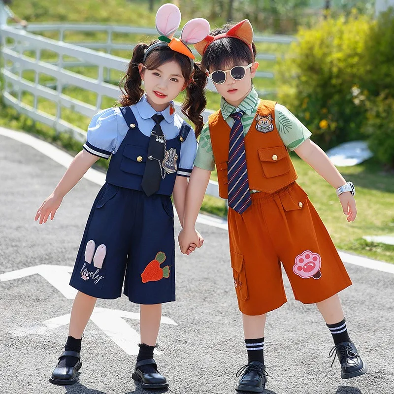 

Anime Cosplay Costume Rabbit Officer Clothes Boy Set Nick Fox Children Judy Three Piece Set Theme Party Outfits for Girls