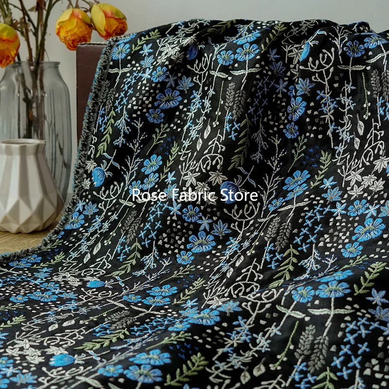 1-meter-black-bottom-small-blue-flower-embossed-yarn-dyed-jacquard-fabric-dress-coat-diy-sewing-brocade-fabric