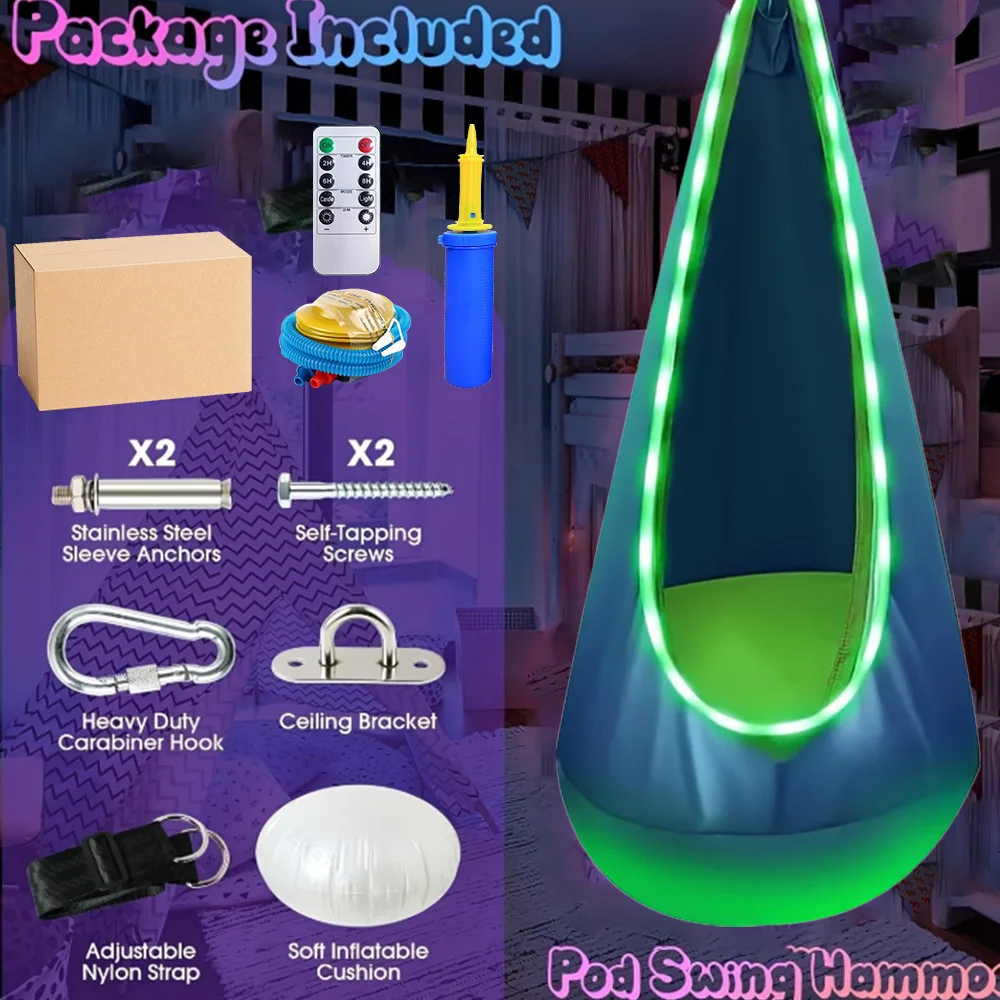 Assento de balanço infantil com luz LED Cadeira de balanço sensorial infantil Cadeira de rede de terapia interna e externa com kit de cabide para TDAH