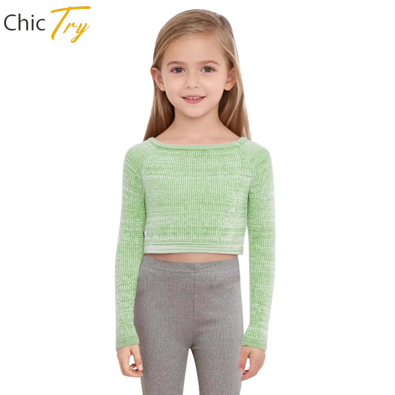 

Kids Gymnastics Dance Training Knitted Tops for Girls Boat Neck Long Sleeve Sweater Crop Top Ballet Practice Warm Up Dancewear