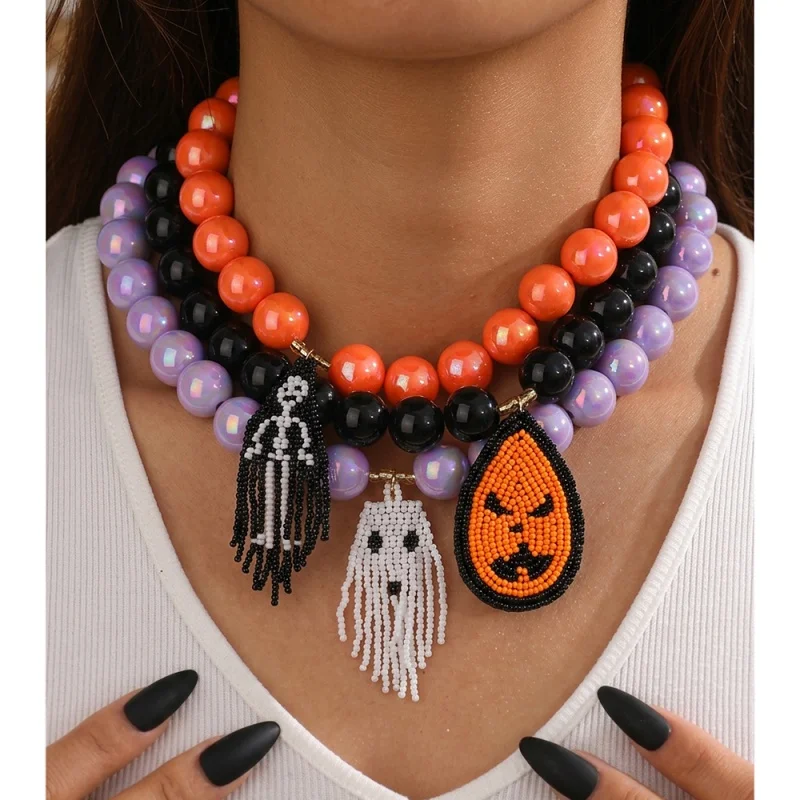 Halloween Gothic Iridescent Bead Teardrop Pumpkin Skeleton Ghost Rice Bead Pendant Necklace