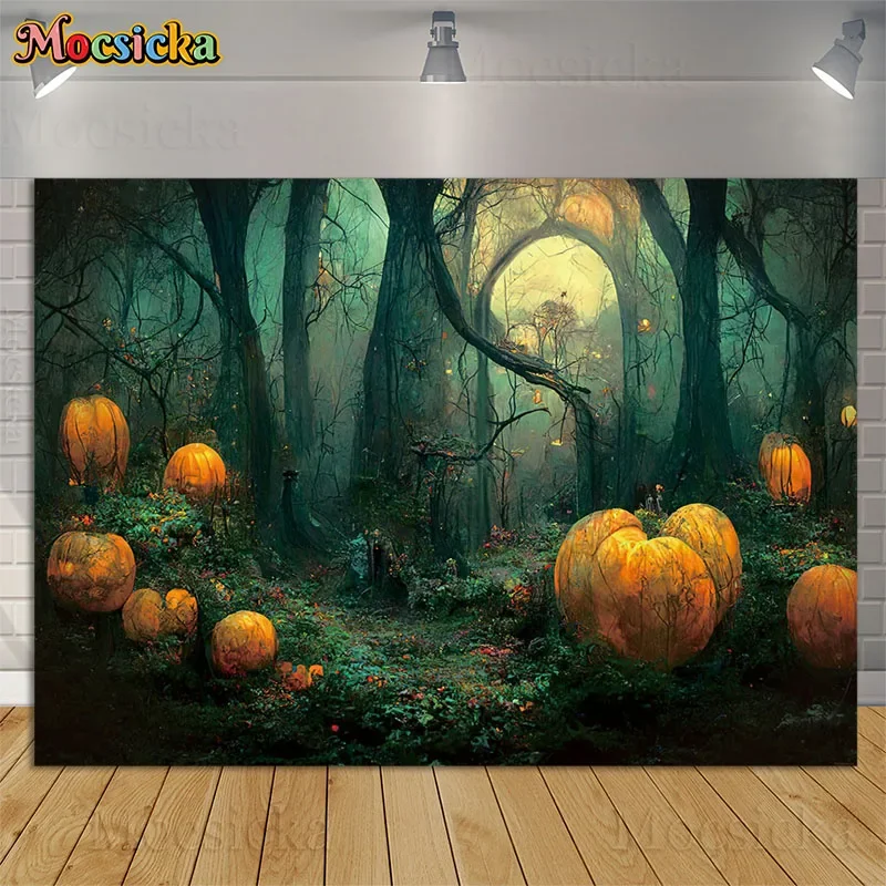 

Halloween Scene Photography Backdrop Mystical Atmosphere Fairy Tale Green Spooky Forest Pumpkins Kids Portrait Photo Background