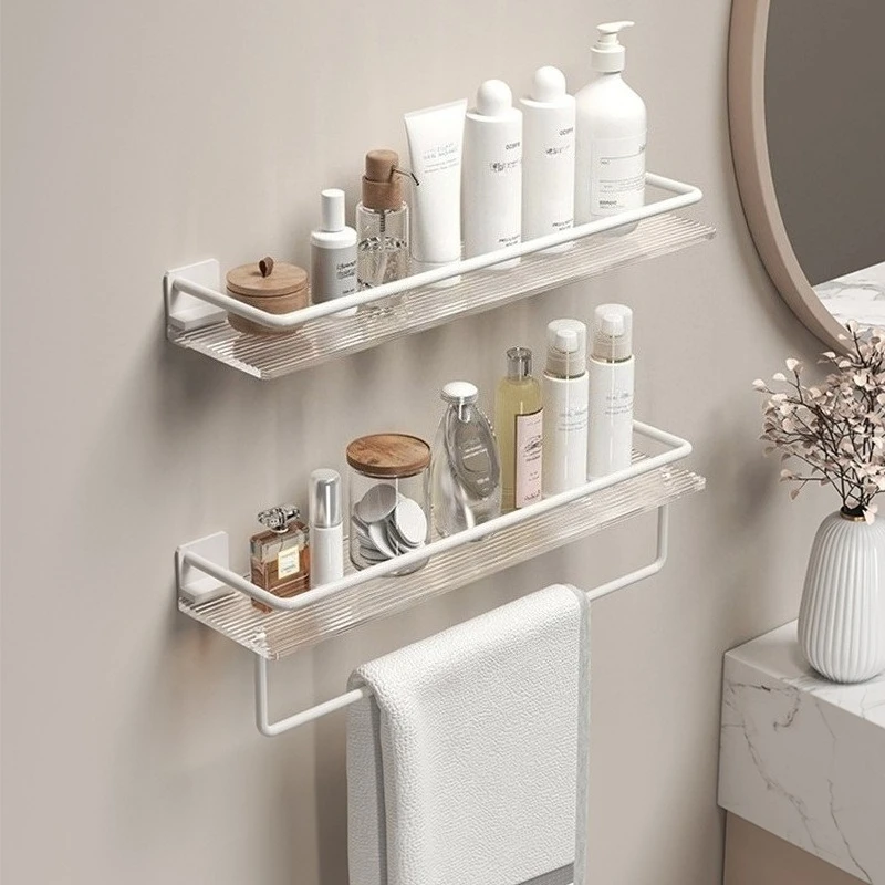 Simple Acrylic No Drill Bathroom Storage Tray Wall Mount Organizer For Cosmetics Towel Washroom Countertop Holder