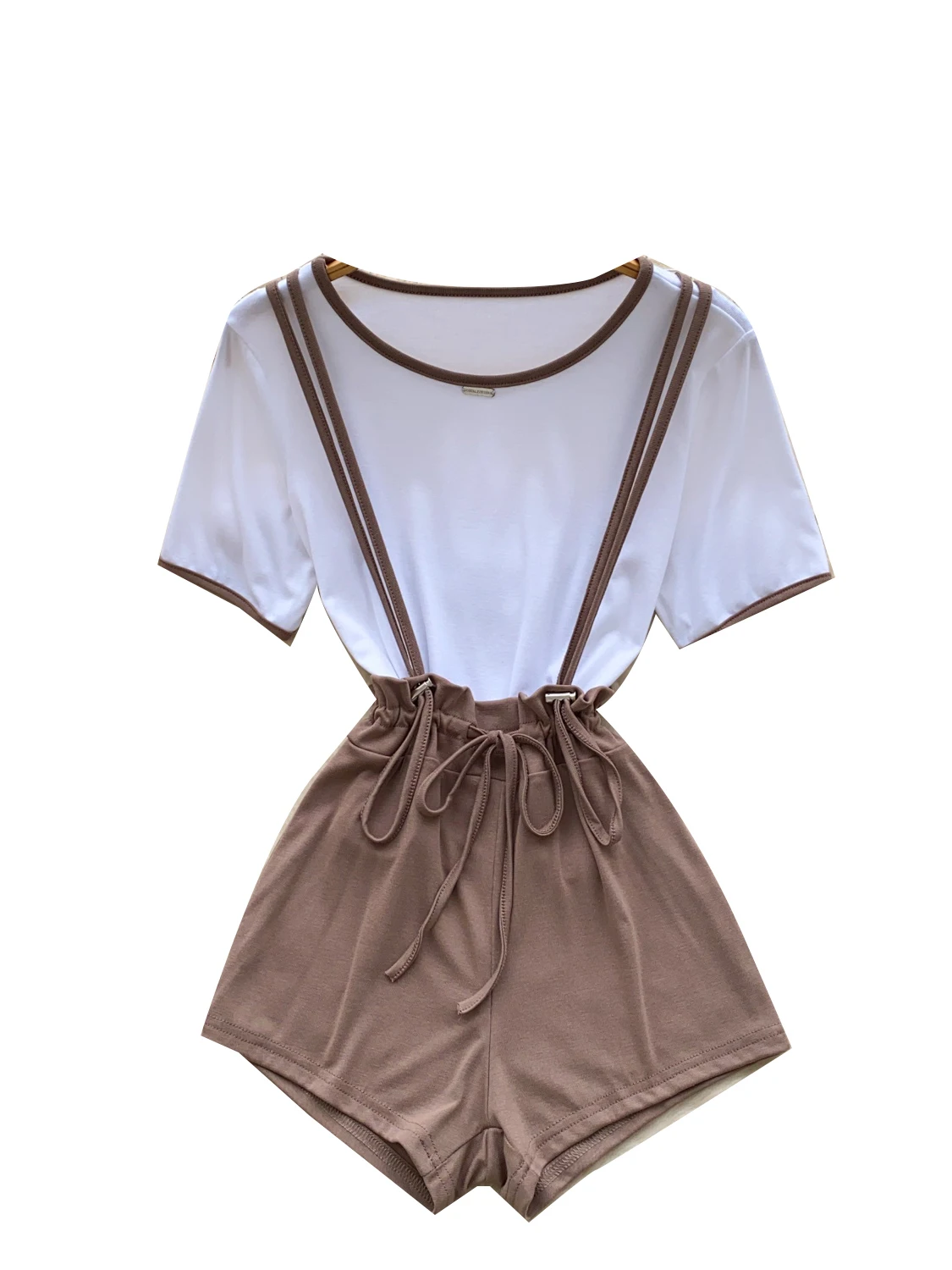 Sweet And Spicy Girl Summer Outfit Simple Color Blo round Ne ort Sve T-irt Top Waist Cinched Strap Wide Leg Jumpsu...
