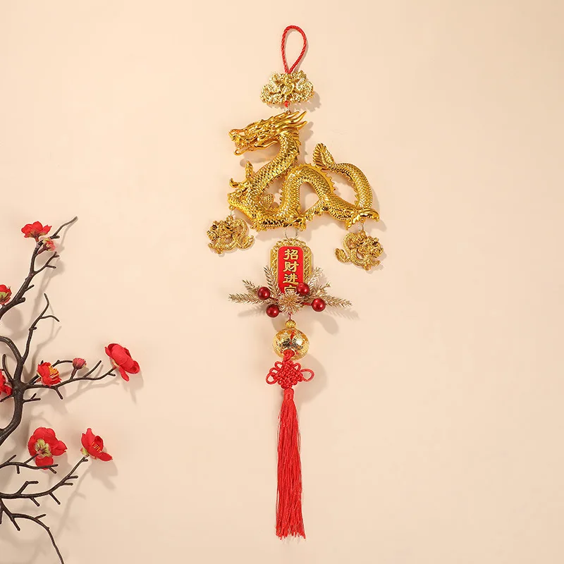 1pc Golden Dragon New Year Pendant Blessing Language Red Joyful Decoration Relocation Mall 2024 China Dragon Year Pendant