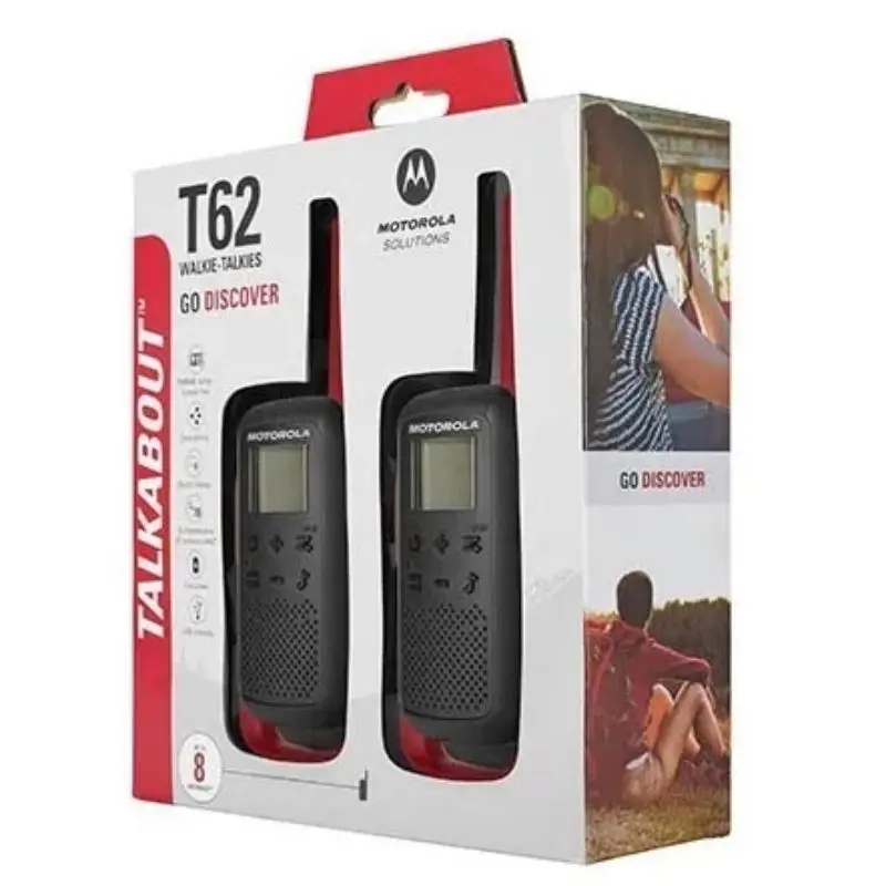Motorola-Walkie Talkie T62 Go 16 Canales Hasta 8 km Alcance Sin cargos de llamadas Aventuras al aire libre Viajes
