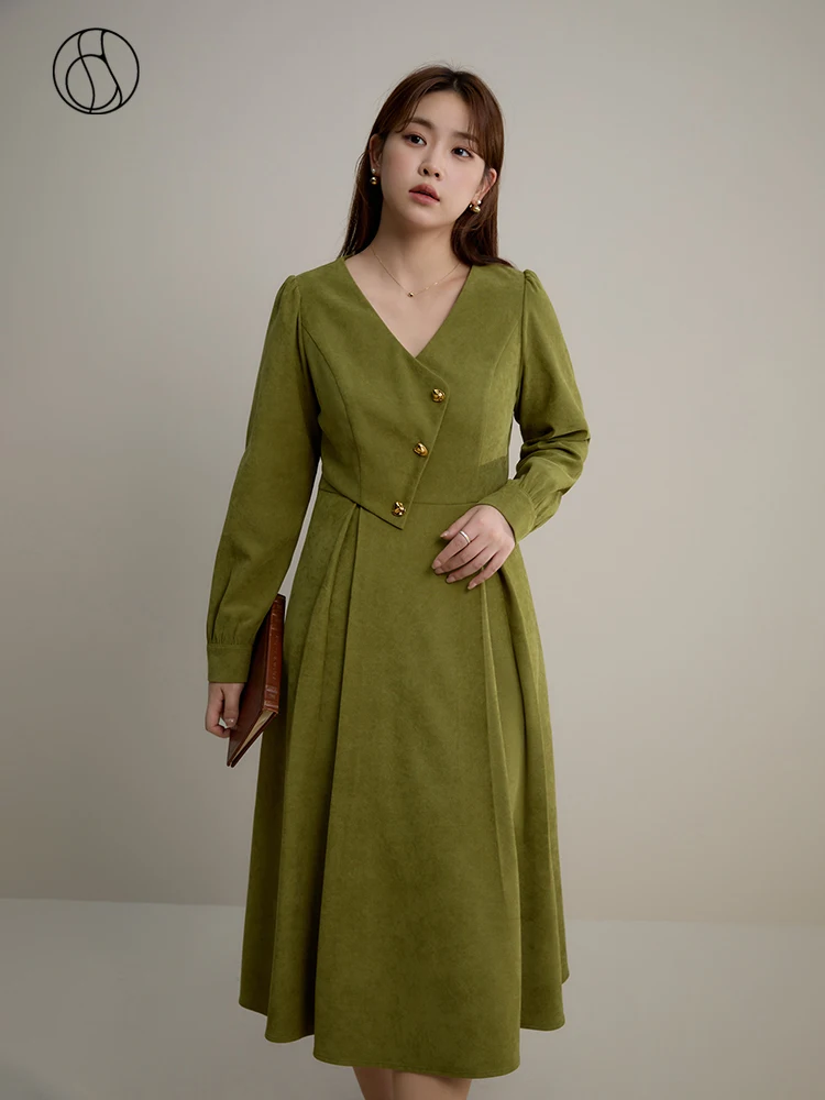 

DUSHU Retro French V-neck High Waist Design Slim Dress for Women Winter New Style Romantic Elegant A-line Long Dress Female