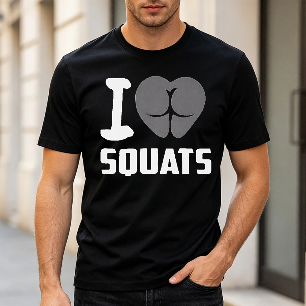 Funny I Love Squats Butt Heart Graphic Tee Humorous Weightlifting Fitness Pattern Men Clothes Gym Training Outfit