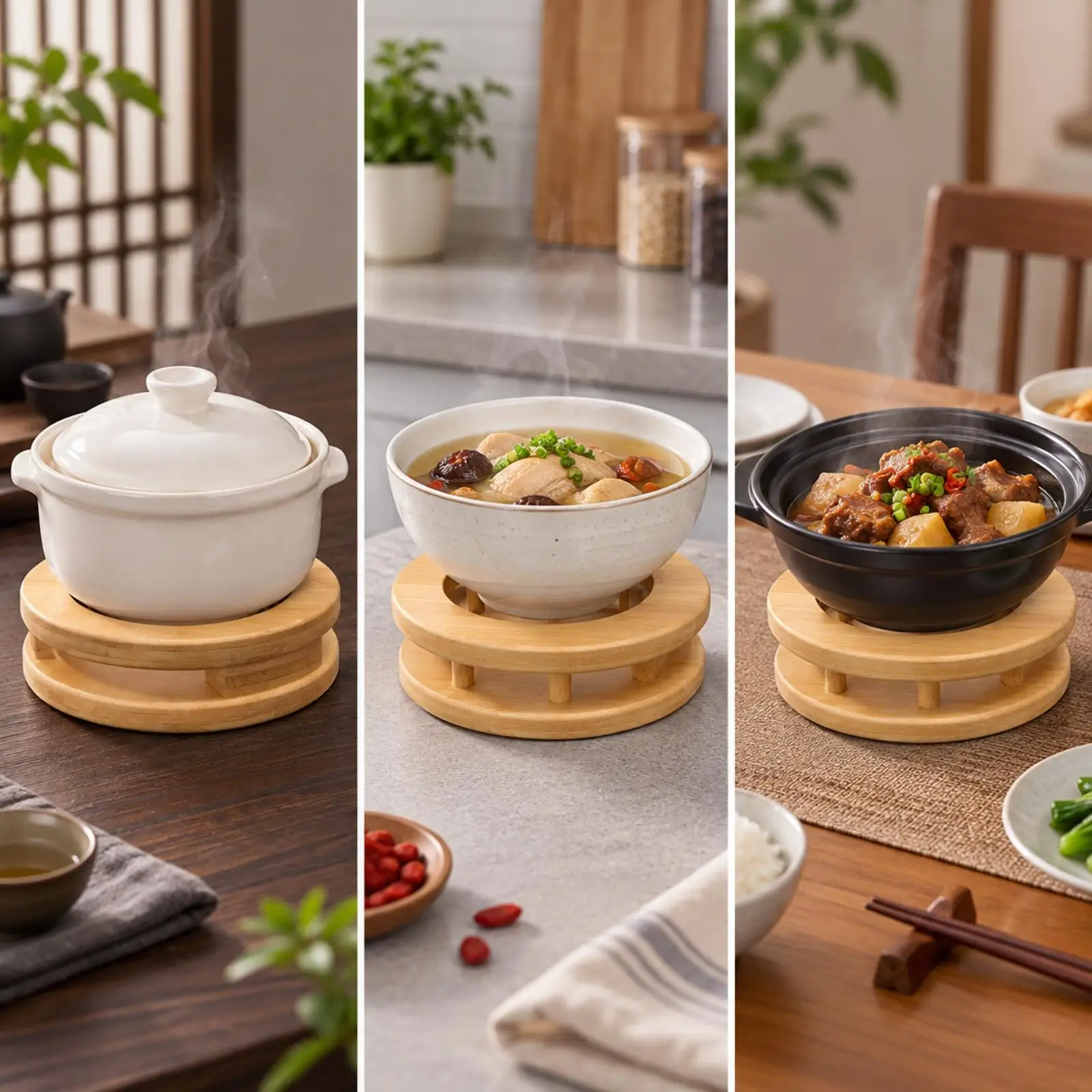 Stew Pot Rack Heat-Resistant Round Bamboo Stew-Pot Support Rack for Dining Table, Kitchen Counter, Traditional Meal Settings
