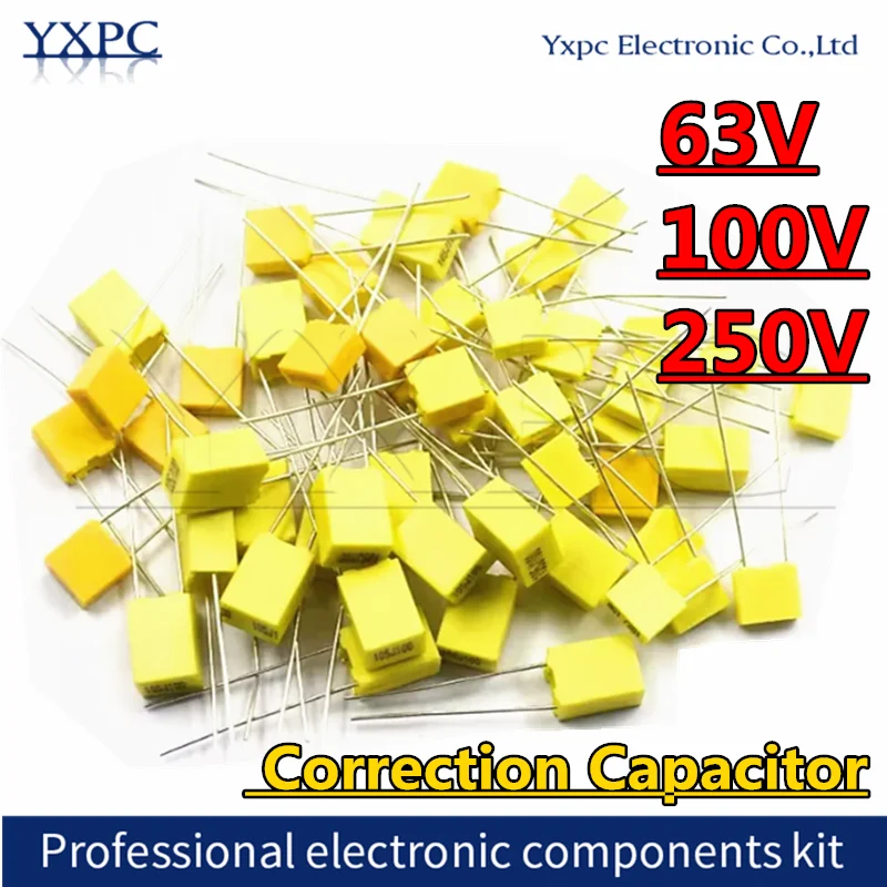10pcs Polypropylene Safety Plastic Film 63V 100V 250V  102J 103J 104J 474 100J 105J 1/10/100nF 0.1uF 1UF Correction Capacitor