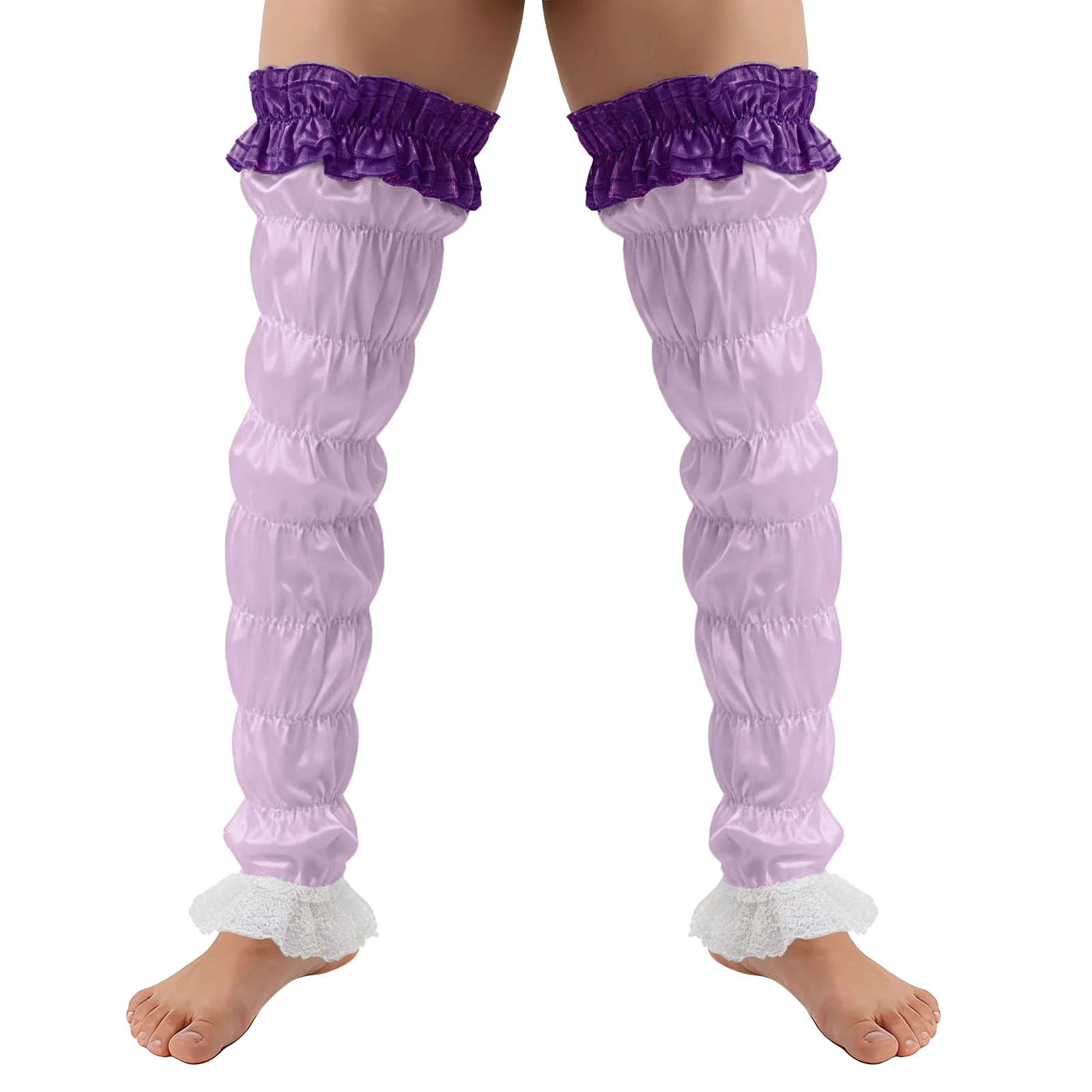 

1 Pair Mens Sissy Drag Queen Leg Warmers Satin Ruffled and Floral Lace Trim Elastic Footless Stockings for Halloween Rave Party