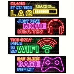 4 Pcs Neon Gaming Decor for Boys Room Wooden Video Game Wall Art Motivational Quote Gamer Hanging Plaques Inspirational Wall