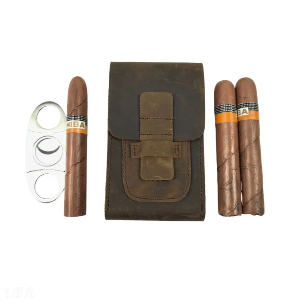 Portable Genuine Leather Cigar Travel Case Storage with Matching Cigar Cutter Scissors Durable Smoking Pipe Accessory view 2