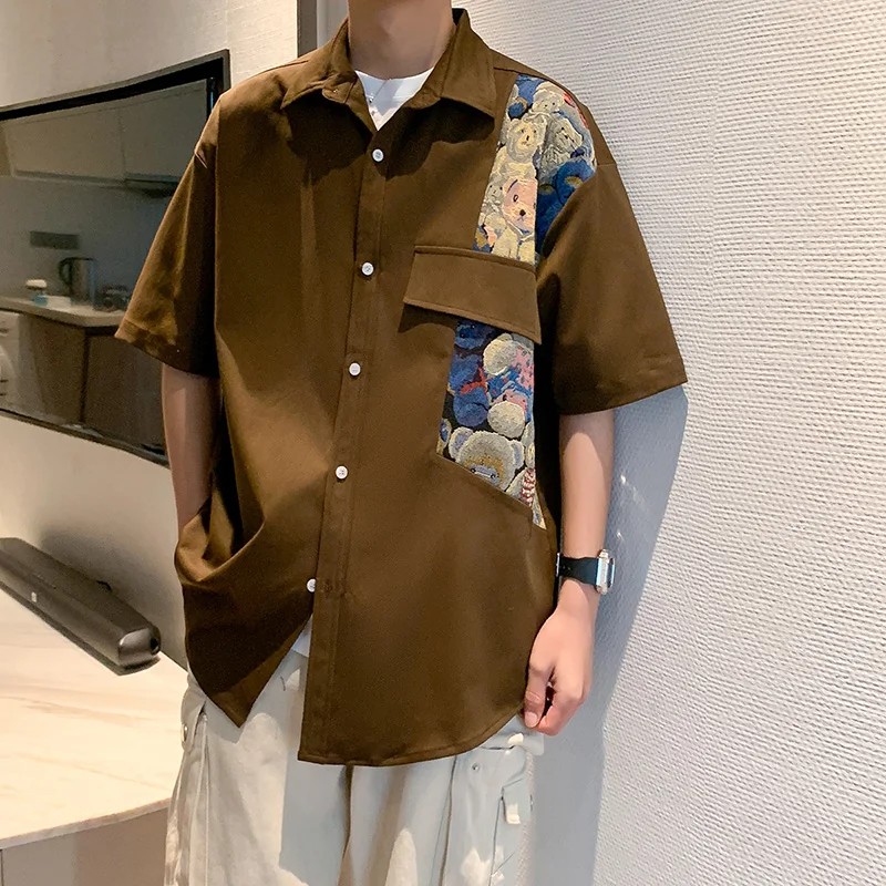 

Men Summer Shirt Oversize Lapel Patchwork Solid Color Shirt Short Sleeve Blouse Fashion Retro Outdoor Loose High Quality Tops