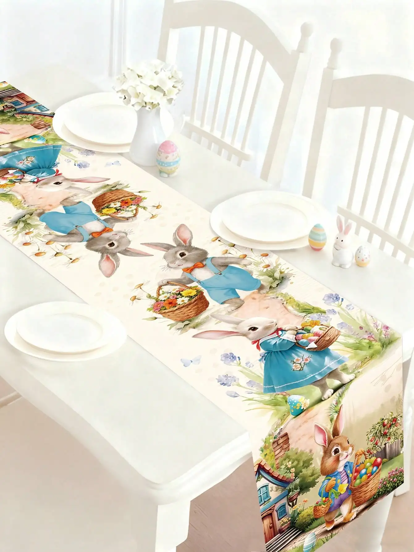 1Pcs Easter Cartoon Rabbit Table Runner Watercolor Style Cute Pet Flower Basket Dining Table Runner Holiday Party Decoration Table Runner Home Dining Table Decoration Supplies