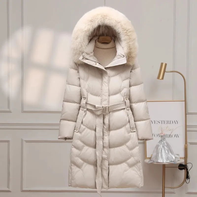 Doudoune longue en duvet de canard blanc pour femme, pardessus à capuche, vraie fourrure de renard, parkas chaudes pour femme, ceinture, mode coréenne, nouveau, 2024, 90