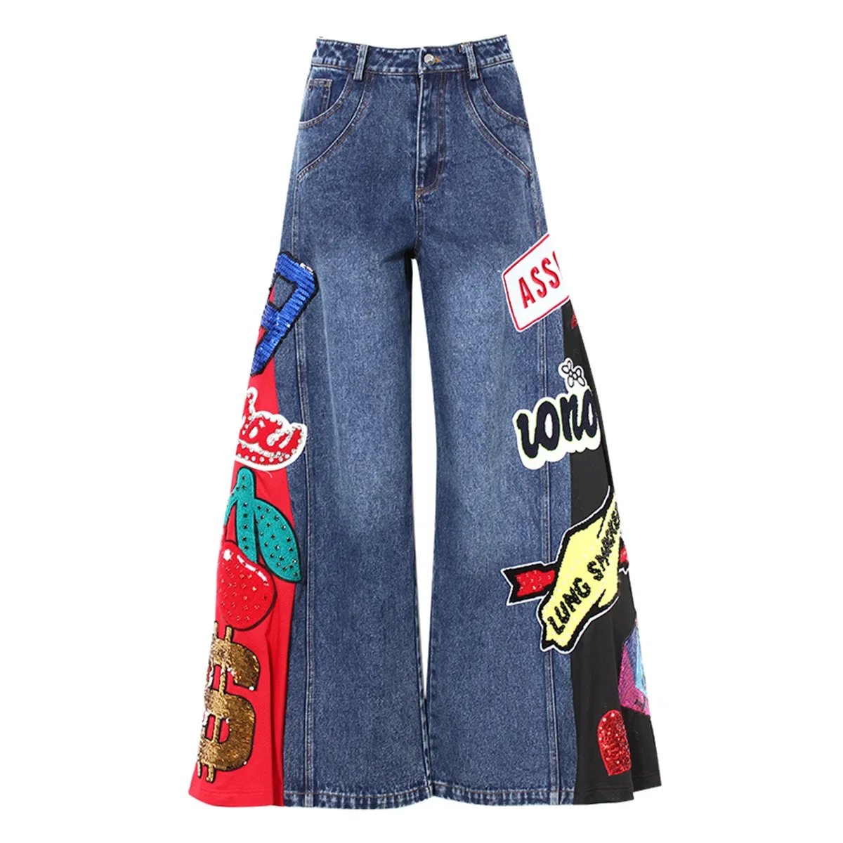 High Quality Women's Flared Wide Leg Jeans with Stylish Graffiti Stickers Sustainable Denim Long Pants with Logo at Waist Girls