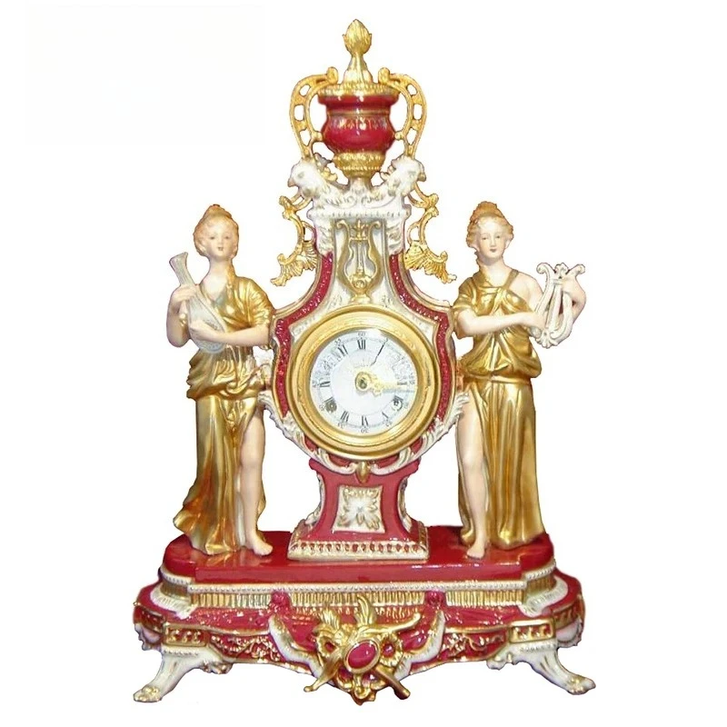 Collection Baroque Style Noble Blue and Gold Porcelain Fairies Playing Lyre Figurine Table Clock