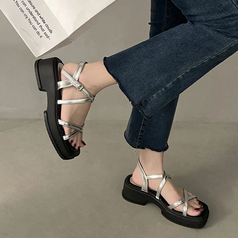 Clear Heels Sandals Straps Fashion Womens Shoes 2023 Anti-Skid All-Match Suit Female Beige  Gladiator Luxury Silver Block New Co