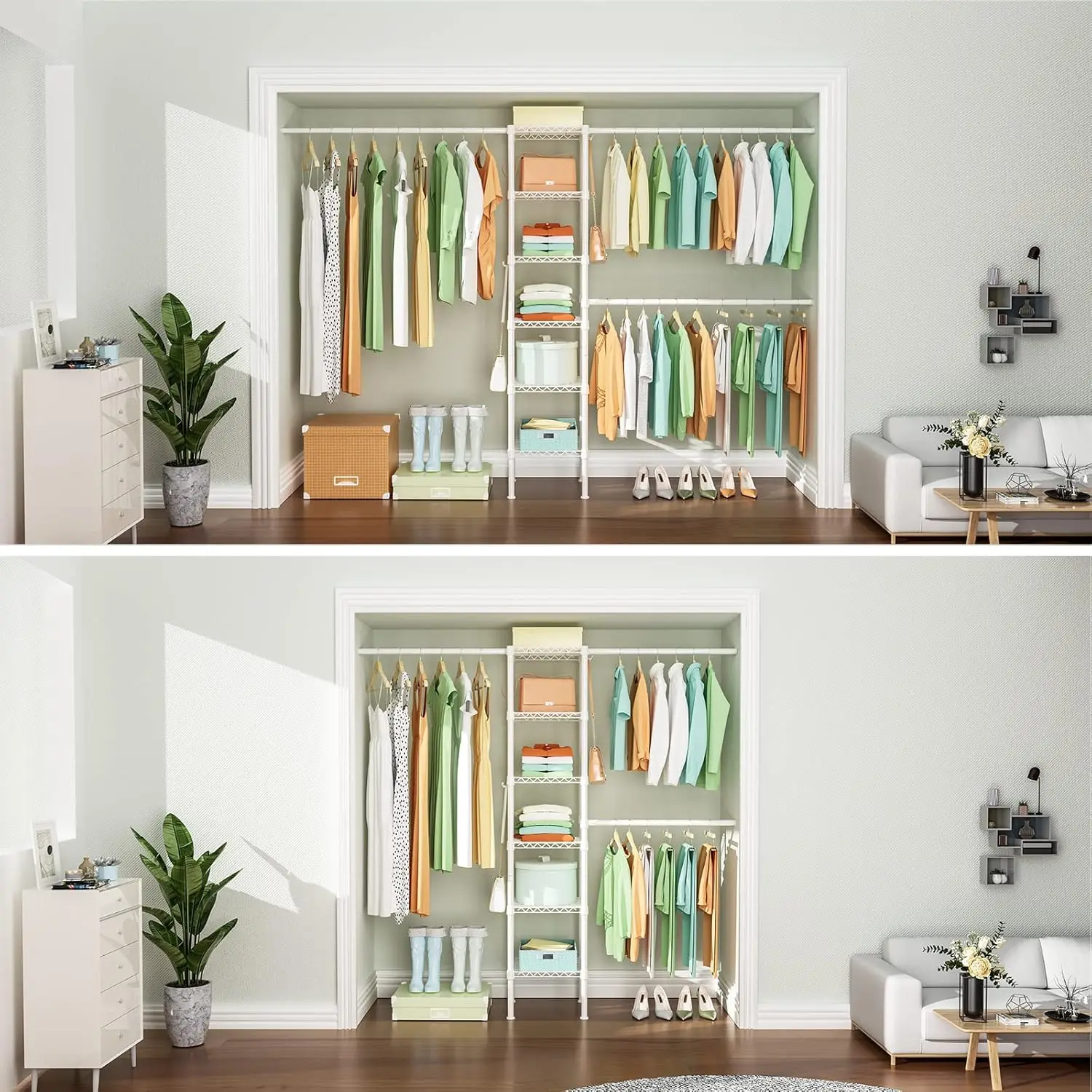 

Ulif M1 Closet Storage Organizer System, 6 Tiers Heavy Duty Metal Garment Rack With 3 Expandable Hanger Rods, Wall Mounted