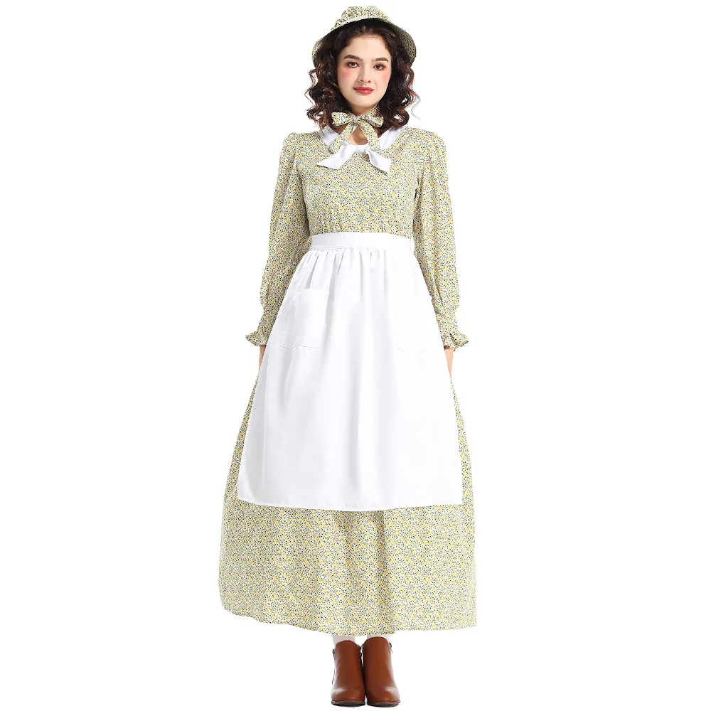 Umorden American Colonial Prairie Pioneer Girl Costume for Women Green Floral Farm Country Dress White Bowknot Collar XS-XXL