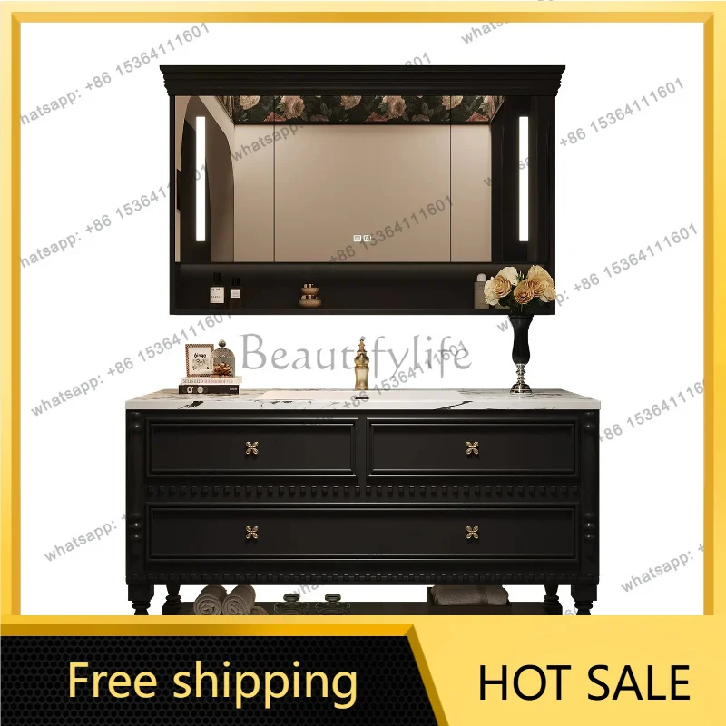 YJ Retro French Bathroom Cabinet Black Solid Wood Vanity Marble Countertop Drawer Storage & Decorative Floral Top Trim LED Mirro